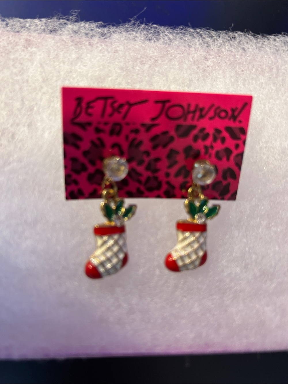NWT Betsy Johnson Festive Red and White Christmas Stockings Drop Earrings
